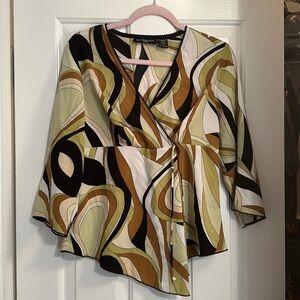 Blue diamond vintage mod 70s printed blouse asymmetrical green brown medium